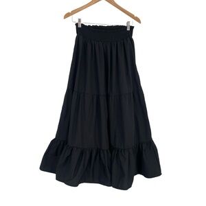 Lark And Grey Womens Cottage Core Boho Elastic Waist Black Midi Skirt Medium